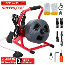 50Ft x 5/16'' Sewer Snake Drain Auger Cleaner Cleaning Machine w/Cutters &Gloves