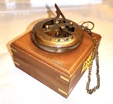 Sun Dial Pocket Watch Brass Compass Chain Antique Old Gold Lustre Wooden Box UK