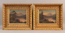 Pr Antique American Hudson River Sailboat Mountain Oil Paintings w/ Gilt Frames