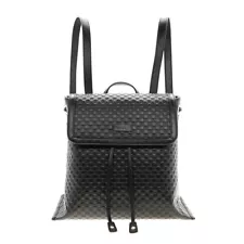 Gucci GG Microguccisima Leather Flap Backpack Black Embossed Drawstring New