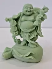 VINTAGE Small Faux Light Green Jade Resin Happy Standing Buddha Statue - 4" Tall