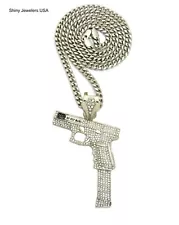 SILVER GLIZZY GANG GUN PENDANT CUBAN , BOX ,ROPE CHAIN NECKLACE HIP HOP