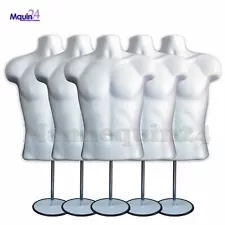 5 Pack Male Mannequin Torso Body Form White + 5 Stands & 5 Hangers