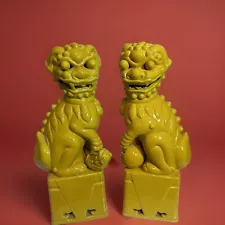 Fu Foo Dog Chinese Yellow Lion Glazed Ceramic Figurine 2 Statues VINTAGE Japan