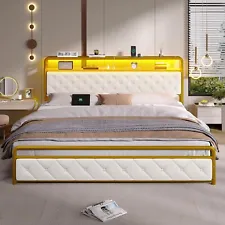 LED King Size Bed Frame Platform Bed with Charging Station & Storage Headboard