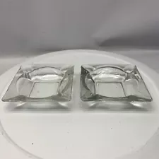 Vintage 4 1/2" Square Clear Glass Ashtrays - Pair of 2