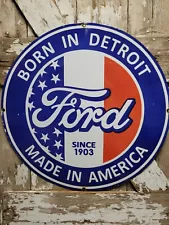 VINTAGE FORD PORCELAIN SIGN 30" OLD DETROIT MADE AMERICA AUTO CAR TRUCK SALES US