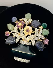 Judith Leiber Brooch Guilloche Enamel Flower Vase Bouquet Crystal Gems FLAW READ