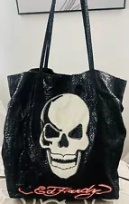 Y2K Ed Hardy black vegan leather tote bag purse skull