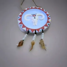 Southwest Hanging Art Bison Skull Blue Aztec Wall Plaque Pottery Beaded Feathers