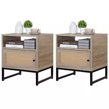 Rattan Nightstand Set of 2 End Table with Storage for Bedroom or Living Room Oak