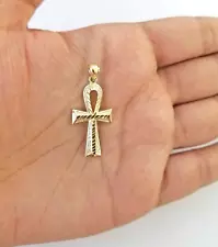 14k Yellow Gold Ankh Cross Charm Pendant 1.5'' Diamond Cut Chain Real 14kt SALE