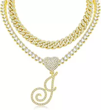 Gold Cuban Link Chain for Women Cursive Initial Pendant Necklace - Layered Heart