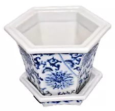 Japanese Porcelain Ware Flower Pot with Tray White, Blue & Silver Vintage T1981