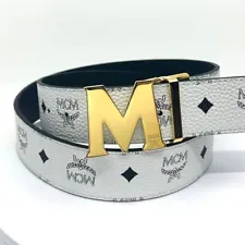 Authentic MCM White and Black Reversible Men's Belt with Gold Buckle