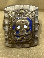 Rare Mexican Biker Ring Skull & Crossbones #13 Gold Owls Enamel 1940-50 Size 8