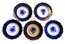 Antique W. H. Grindley Flow Blue Plate Blue Rose-Lot of 5-Varied Conditions.