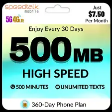 SpeedTalk Mobile $90 Prepaid SIM Card 5G 4G LTE No Contract 360 Days Phone Plan