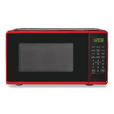 Mainstays 0.7 Cu ft Compact Countertop Microwave Oven, Black/White/Red