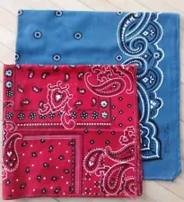 Two Cotton Bandanas, Red, Blue, Different Sizes