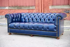 Vintage Tufted Leather Chesterfield Sofa in BLUE wood bun feet LoeBlein Bros USA