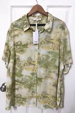 ROSE AND OLIVE Blouse Women's 2X Top Tie Front Bonsai/Treescape Ivory/Green NWT