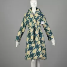 Large Lilli Ann 1960s Teal & Cream Chunky Tweed Trench Coat Houndstooth Knit