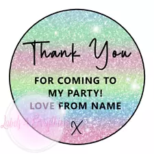 Personalised Thank You For Coming To My Party Stickers Rainbow Glitter Effect