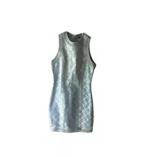 NWT Balmain Sleeveless Zipper Small Grid Denim Mini Dress Blue Silver Bling SM