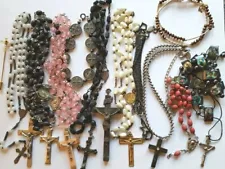 Vtg Rosary Beads Lot Repair Parts Wht Glass Mother Of Pearl Wood Crucifix Medals