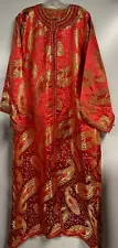 Vintage Moroccan Kaftan Maxi Dress Metallic Jacquard Gold Red Paisley L XL tall