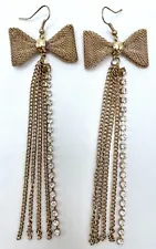 Vintage Tassel Dangle Earrings Mesh Holiday Bow Chain Mail Prong Set Rhinestones