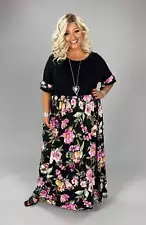 SALE!! LD-Z {Elegant Garden} Black/Pink Floral Print Maxi Dress EXTENDED PLUS SI