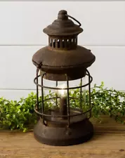 NEW Primitive LED LANTERN w/ Bulb 11"Hx5.3" Rusty Distressed Rustic Style Metal