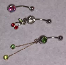 3 Pieces Body Piercing Jewelry - Rhinestone / Glass - Dangle Cherry Charm - #M33