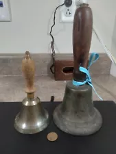 B: Pair of Antique Bronze and Wood Hand Bells for School or Choir