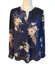 Jasmine & Juliana Women's Blue Floral Tunic Blouse V-Neck Size Small