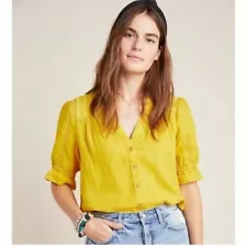 Anthropologie MAEVE 4 Magritte Top Yellow Linen Puff Sleeve Button Down Lace