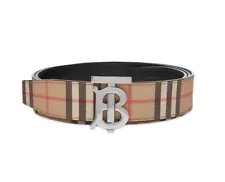 $580 BURBERRY TB 35 BEIGE CHECK BLACK LEATHER REVERSIBLE LOGO BUCKLE BELT 85 34