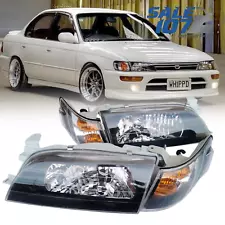 For 93 97 Toyota Corolla Headlights Black Housing Lamp+Amber Corner Left+Right