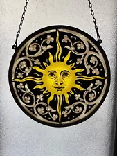 SUN FACE Stained Glass Window Panel 7.5" Round Suncatcher Black & Yellow Old sty