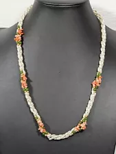 Vintage Faux Freshwater Pearl Orange Coral Green Bead Twist Necklace 22 in