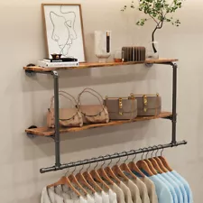 Heavy Duty Pipe Clothes Rail Wall Mounted Garment Rack with 2 Tiers Open Shelves