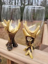 Deer Antler Rustic Wine Glasses Set Faux Stem Drinking Goblets Polyresin