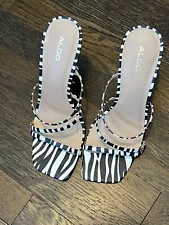 aldo shoes women 8.5 leather zebra print heeled sandals open toe strappy