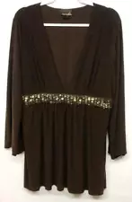 Ashley stewart brown spandex stretch embellished low cut cleavage top 2X