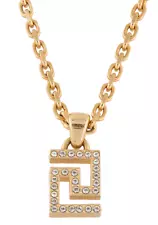 NIB Versace Greca Greek Key Logo Crystal Gold Pendant Medusa Chain Necklace $695