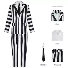 Beetlejuice Cosplay Costume Adam Men Black White Striped Jacket Pants Tie Wig