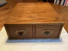 Antique OAK 2 DRAWER OFFICE FILE INDEX RECIPE CARD CABINET 13” X 15” X 5”