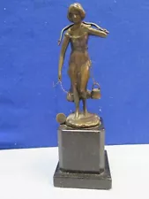 ANTIQUE BRONZE SCULPTURE BY WERNER LADY WITH BUCKETS, SIGNED MARBLE BASE